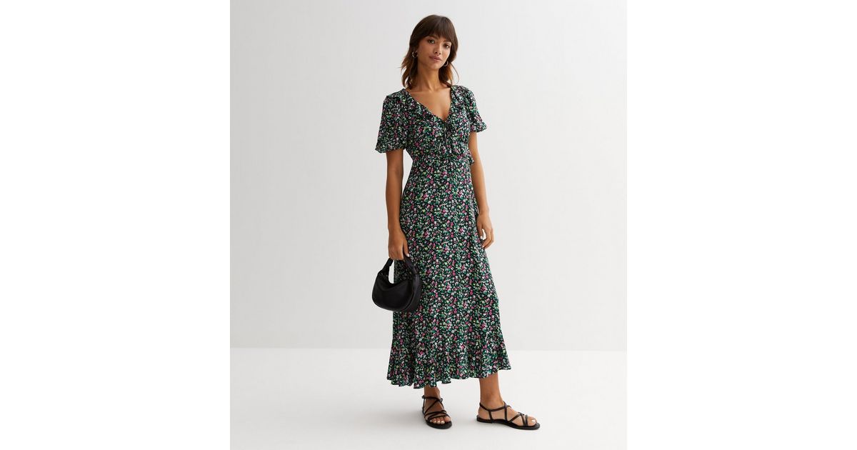 Black Ditsy Floral Puff Sleeve Midaxi Dress | New Look