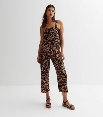 Brown Leopard Print Crop Dungaree Jumpsuit