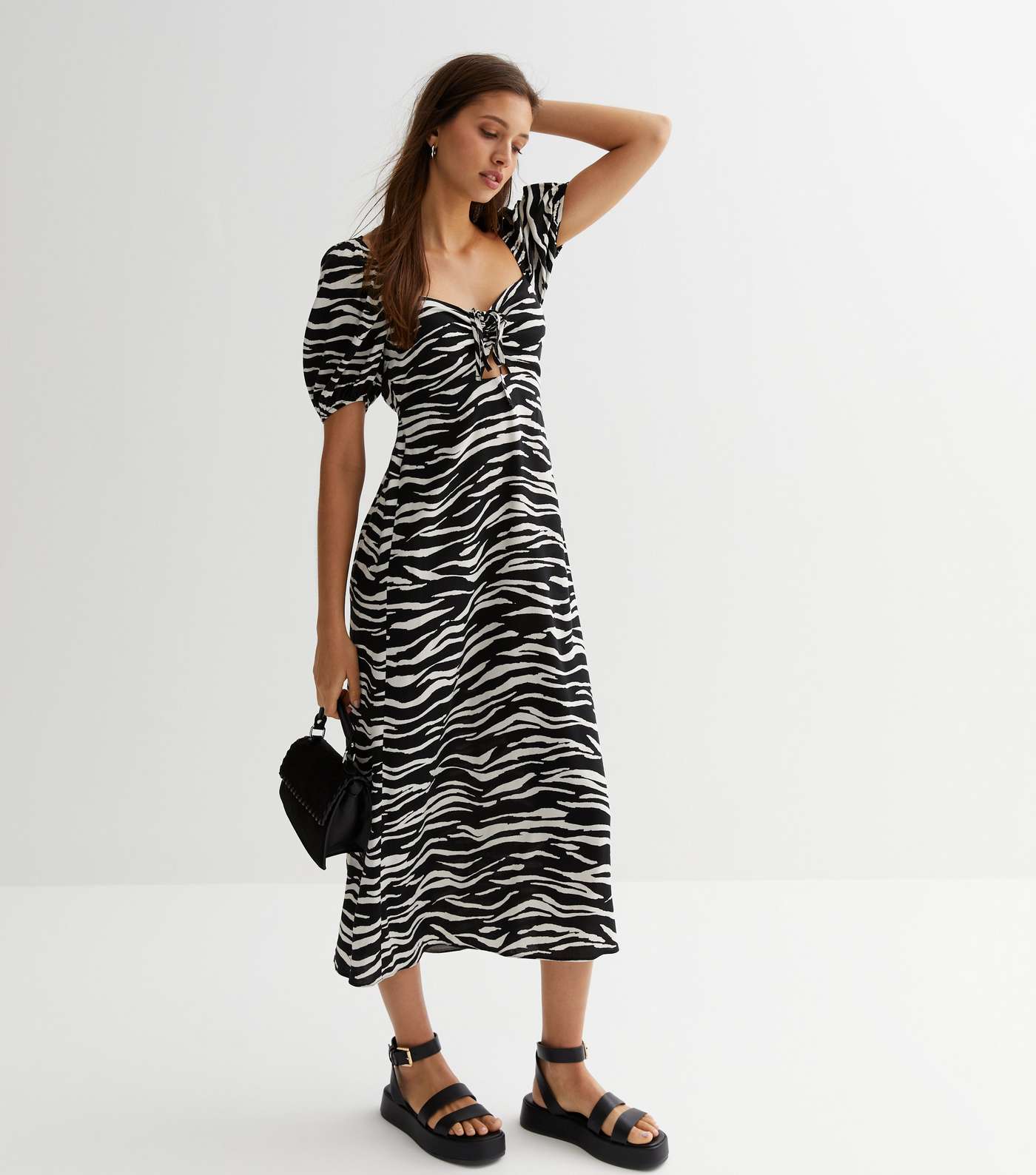 Black Zebra Print Puff Sleeve Midi Dress Image 2