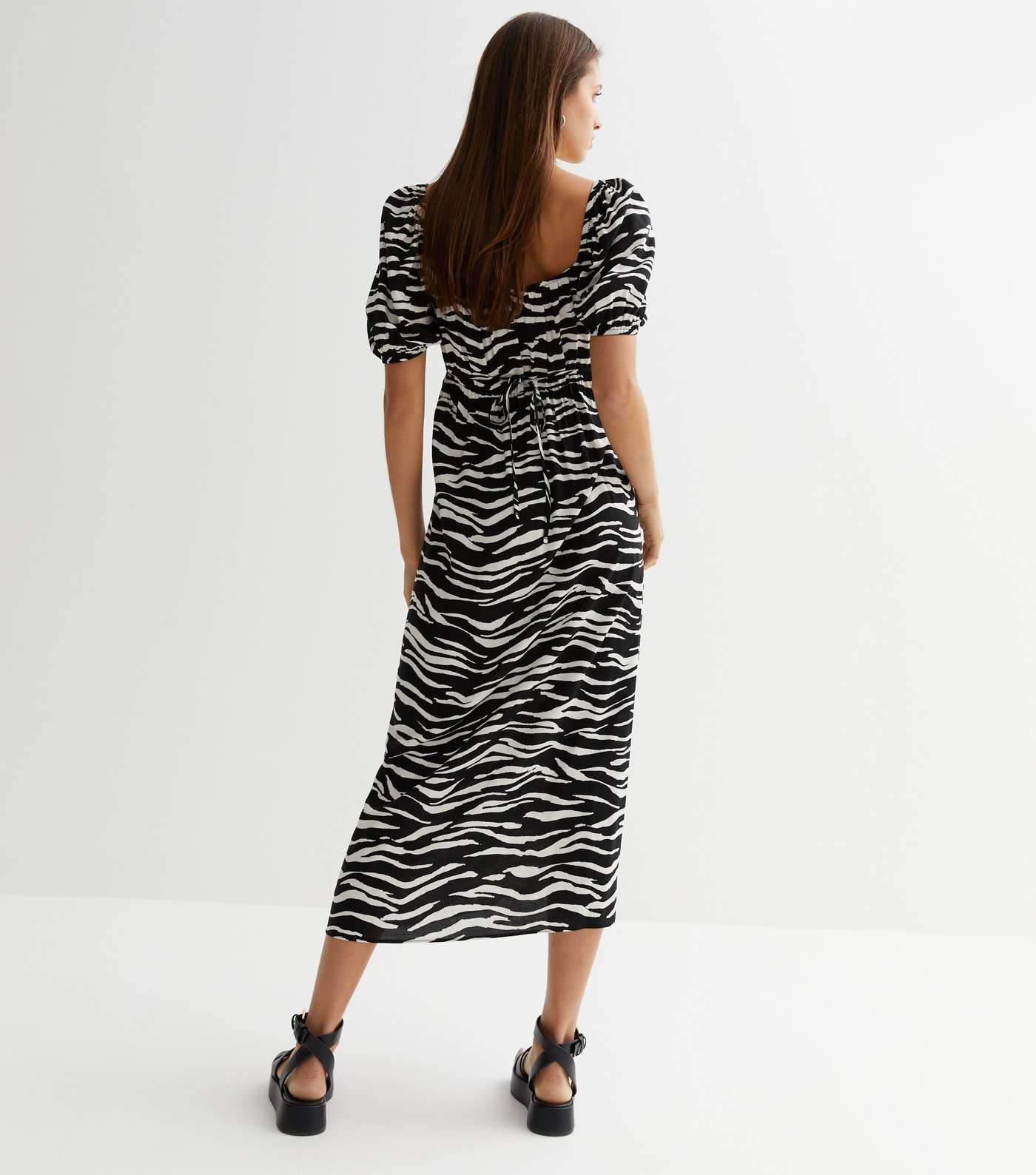 Black Zebra Print Puff Sleeve Midi Dress Image 4