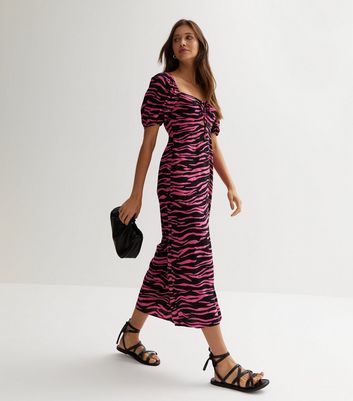 Pink Zebra Print Puff Sleeve Midi Dress New Look