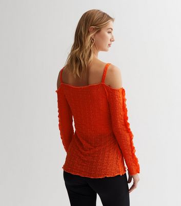 NEON NYLON Bright Orange Textured Strappy Bardot Cardigan New Look