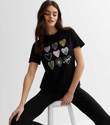 Black Heart Animal Print Metallic Love Logo T-Shirt