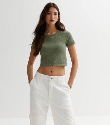 Khaki Acid Wash Ribbed Crew Neck Crop Top | New Look