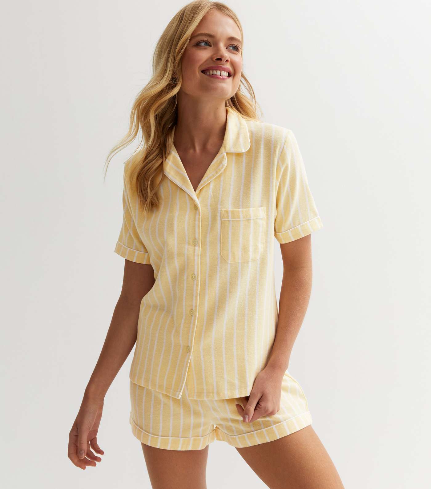 Yellow Cotton Short Pyjama Set with Stripe Print | New Look