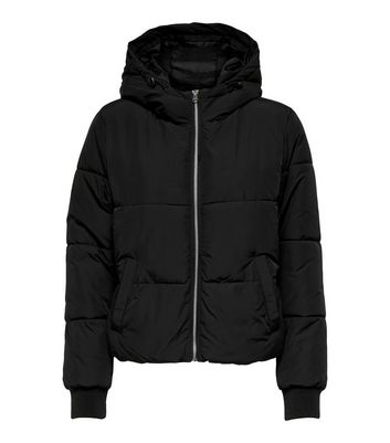 JDY Black Zip Up Hooded Crop Puffer Jacket New Look