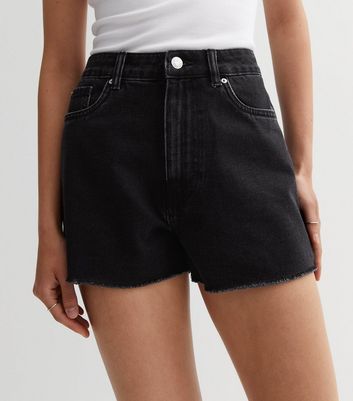 Black Cotton High Waist Frayed Denim Shorts New Look