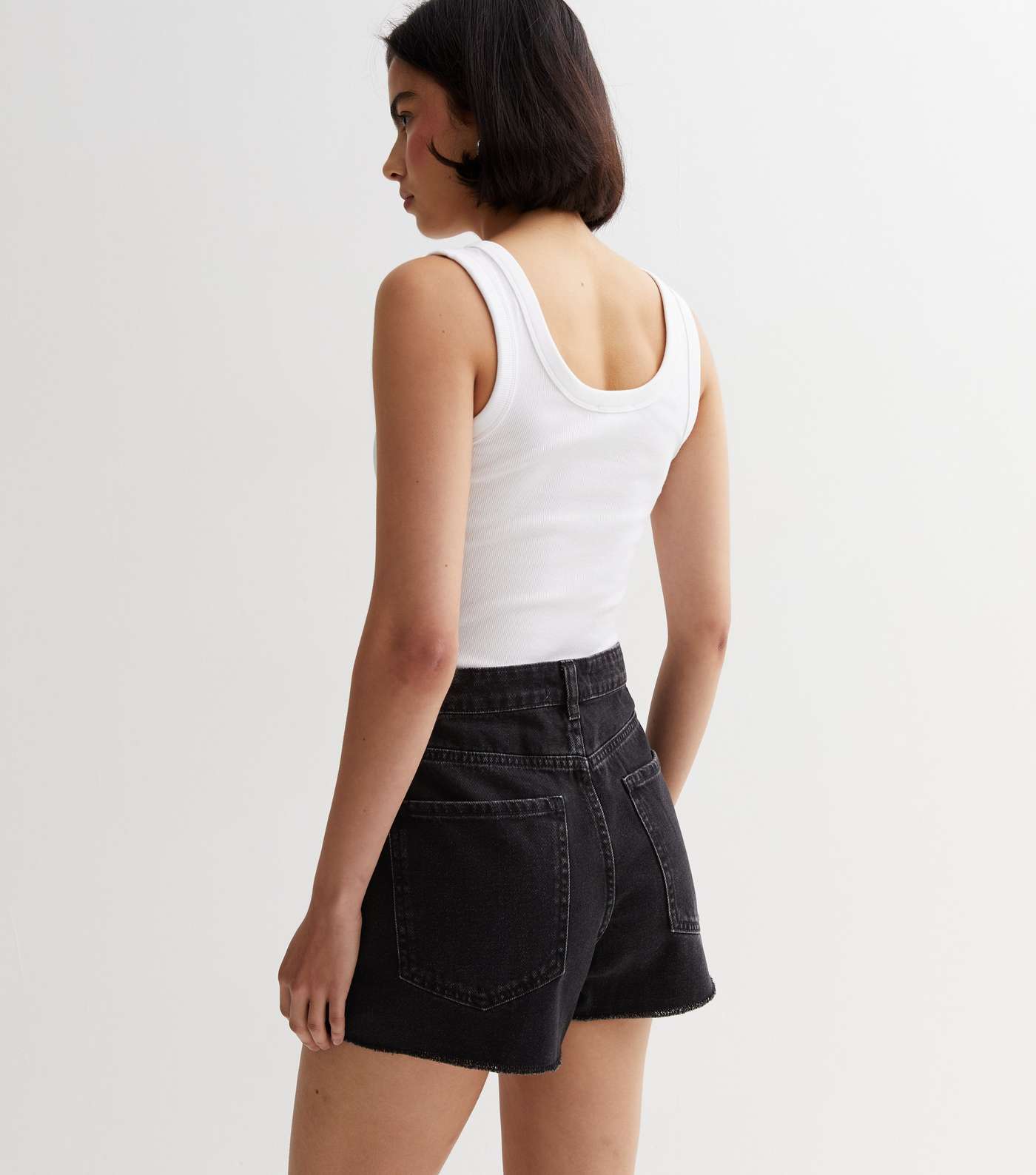 Black Cotton High Waist Frayed Denim Shorts Image 4