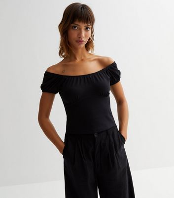 Black Puff Sleeve Bardot Top New Look