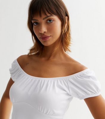 White Puff Sleeve Bardot Top New Look