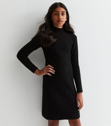 Girls Black Ribbed Knit High Neck Mini Dress New Look