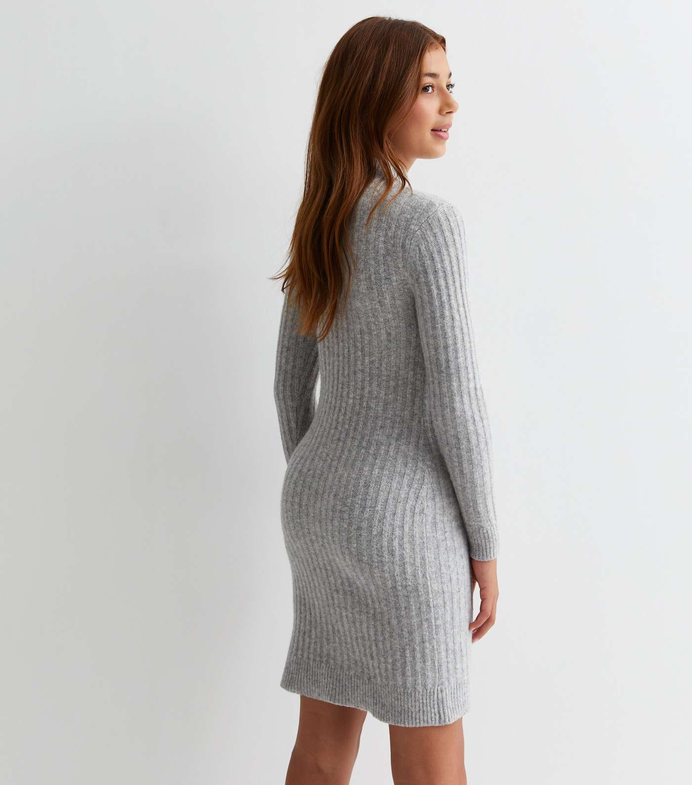 Girls Grey Ribbed Knit High Neck Mini Dress Image 4
