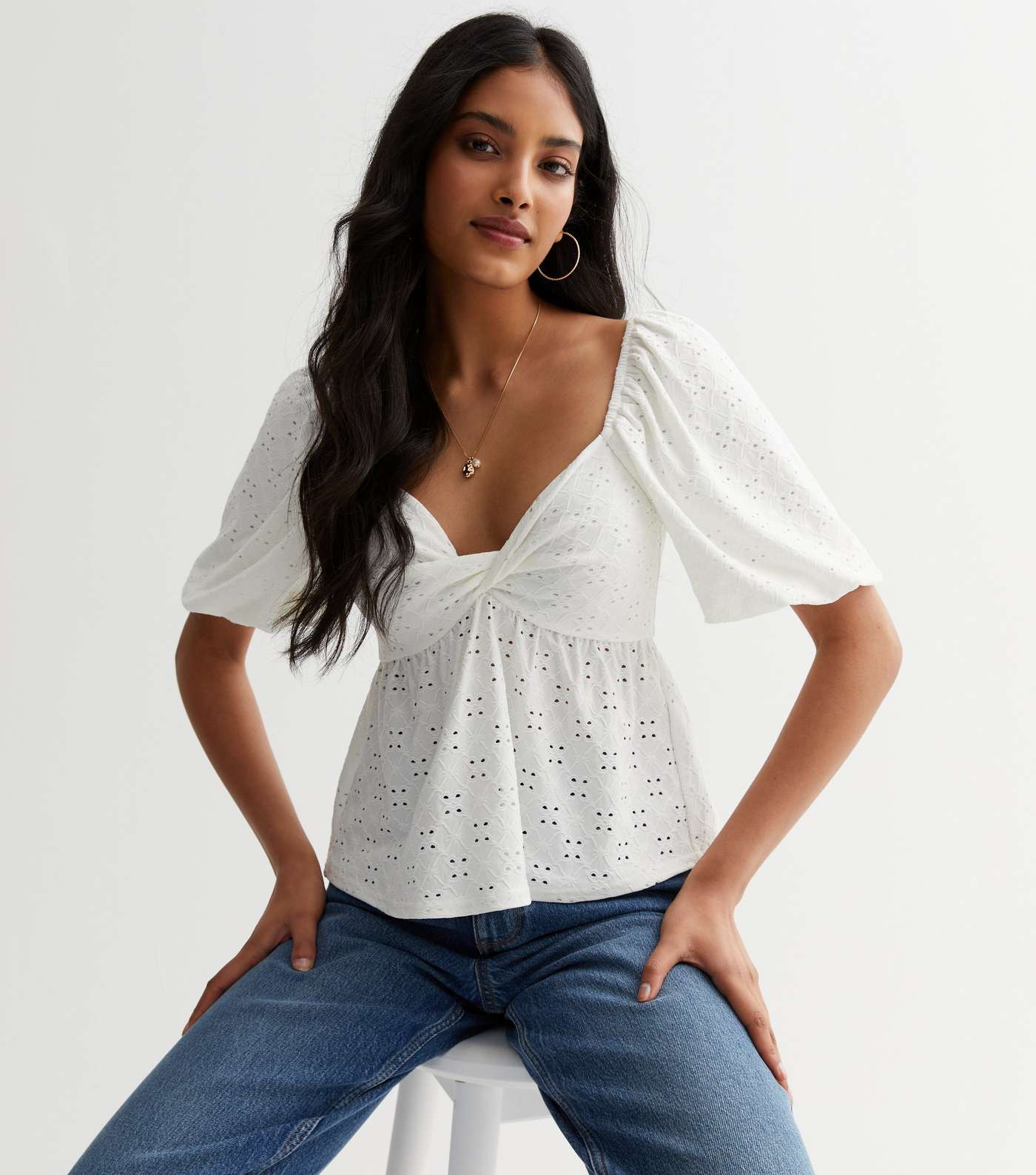White Embroidered Twist Front Top