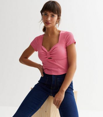 Bright Pink Ribbed Jersey Knot Front Top