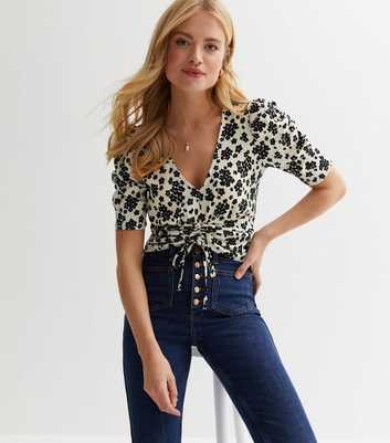 Off White Ditsy Floral Ruched Front Crop Top