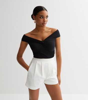 Black Ribbed Jersey Twist Front Bardot Top