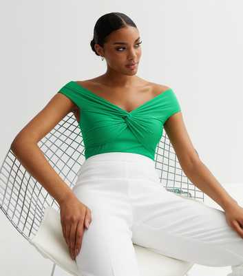 Green Ribbed Jersey Twist Front Bardot Top