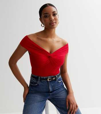 Red Ribbed Jersey Twist Front Bardot Top