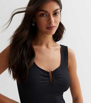 Black Ribbed Notch Neck Bodysuit