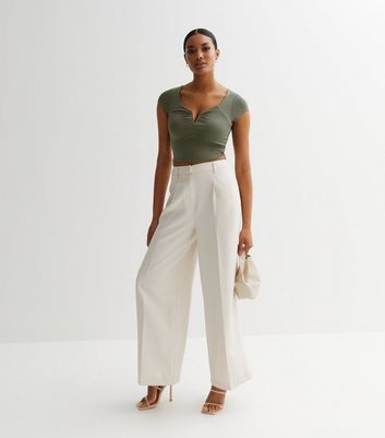 Olive Ruched Notch Crop Top New Look