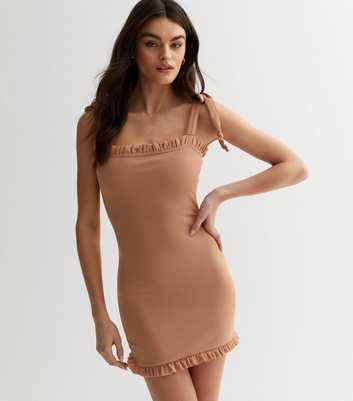 JUSTYOUROUTFIT Camel Frill Tie Strap Mini Bodycon Dress