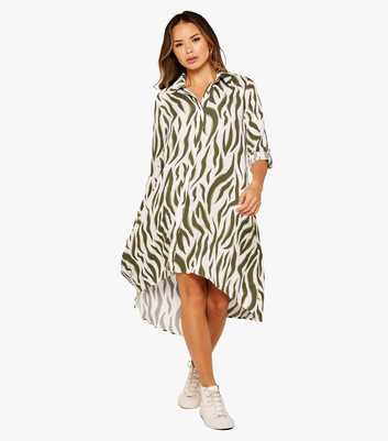 Apricot Olive Zebra Print Dip Hem Midi Shirt Dress