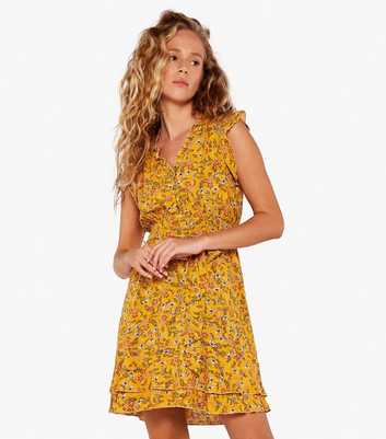 Apricot Yellow Floral Ruffle Belted Mini Dress