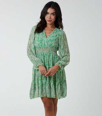 Blue Vanilla Light Green Spot Chiffon Tiered Mini Wrap Dress