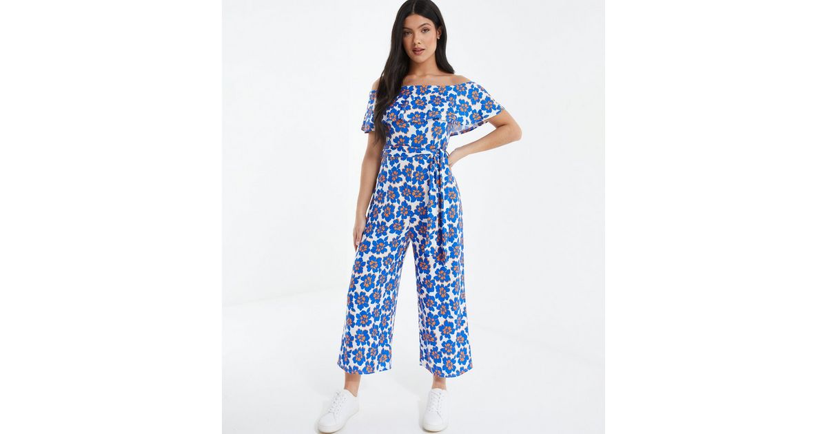 QUIZ Blue Floral Bardot Jumpsuit New Look