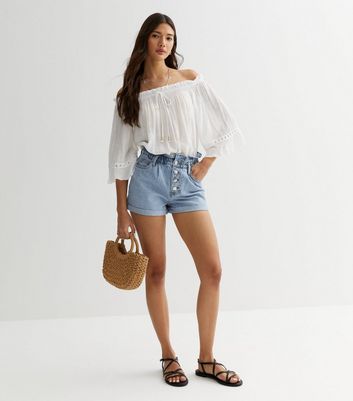 ONLY Pale Blue Paper Bag Denim Shorts New Look