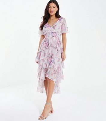 Quiz floral mesh dip hem dress best sale