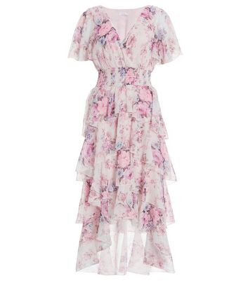 QUIZ Pink Floral Chiffon Tiered Dip Hem Midi Dress New Look