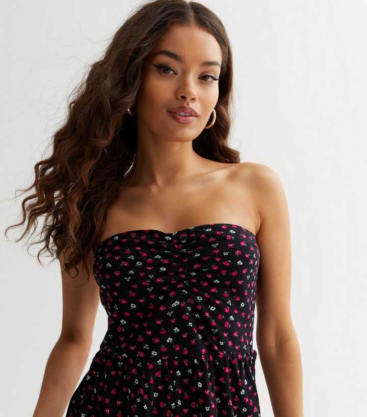 ONLY Petite Black Ditsy Floral Jersey Bandeau Playsuit | New Look