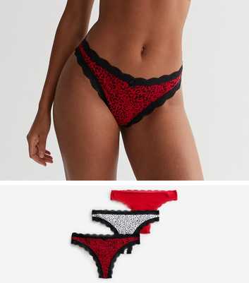 3 Pack Red and White Animal Print Lace Trim Thongs