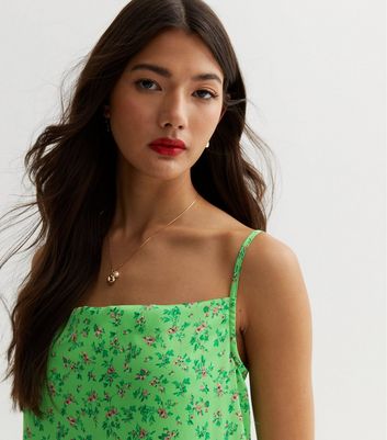 ONLY Green Ditsy Floral Satin Strappy Mini Dress New Look