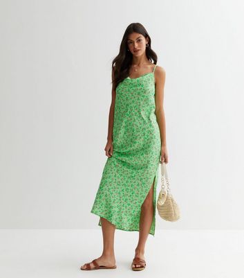ONLY Green Ditsy Floral Satin Strappy Midi Dress New Look