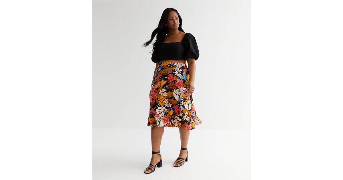 ONLY Curves Black Tropical Midi Wrap Skirt New Look