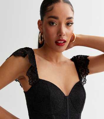 Black Lace Frill Sleeve Bustier Bodysuit