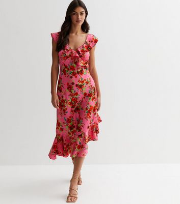 Quiz pink floral hot sale asymmetric midi dress