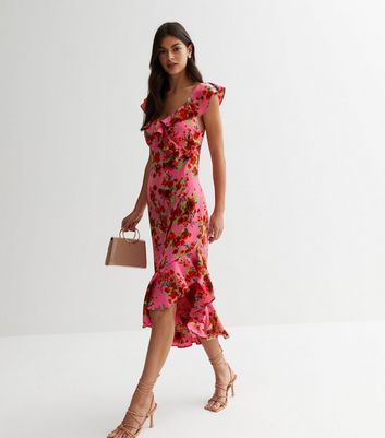 Pink floral asymmetric store midi dress