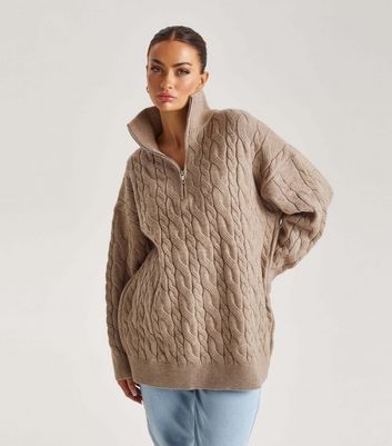 Urban Bliss Light Brown Cable Knit Zip Neck Jumper New Look