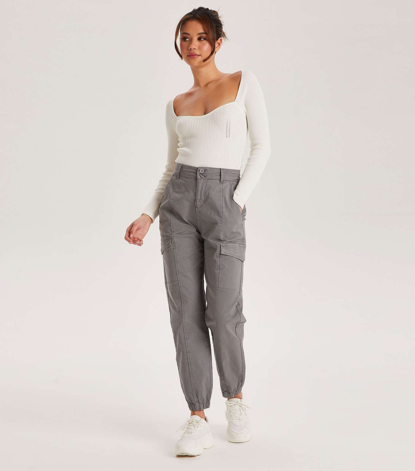 Urban Bliss Pale Grey Cuffed Cargo Trousers Image 3
