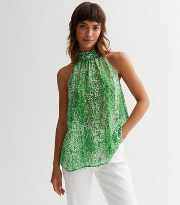 Green Animal Print Halter Neck Floaty Top New Look