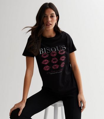Black Bisous Lips Logo Crew Neck T-Shirt