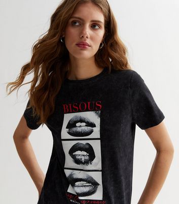 Dark Grey Acid Wash Bisous Lips Logo T-Shirt