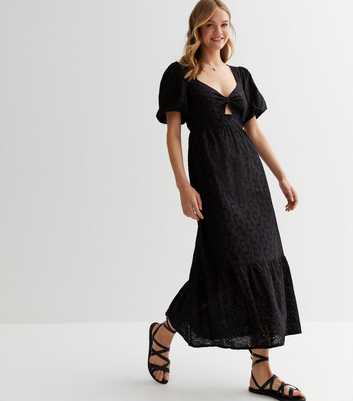Black Embroidered Puff Sleeve Midaxi Dress