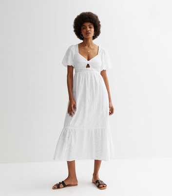 White Embroidered Puff Sleeve Midaxi Dress