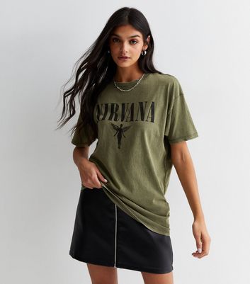 Khaki Acid Wash Nirvana Logo T-Shirt New Look