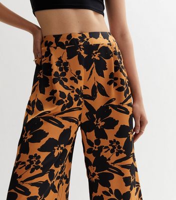 Brown Floral Satin Wide Leg Trousers