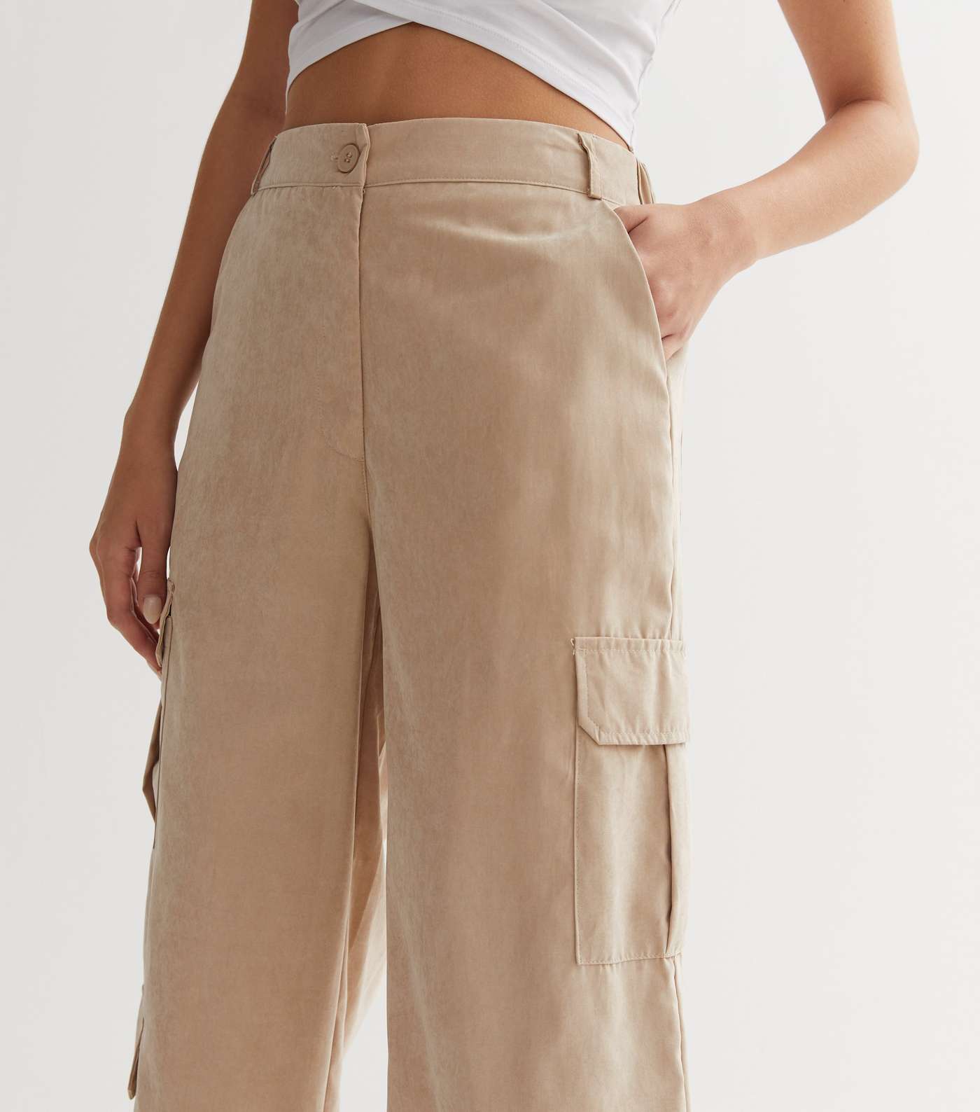 Stone Wide Leg Cargo Trousers Image 3